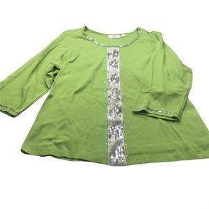 Quaker Factory Women's 1X Top Green With Sequins Trim 3/4 Sleeve Preowned